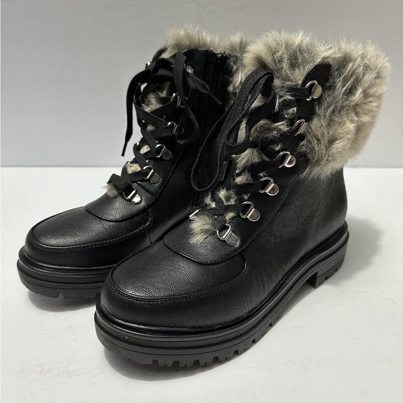 Sun + Stone Orlaa Ankle Derby Booties Women's 7m Black Faux Fur Detail Lace Up - Picture 9 of 9